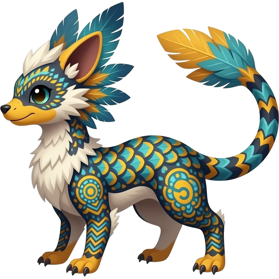 Tribal-patterned aboriginal majestic feathery elegant realistic stylish Furry, fluffy feathery tropical painted scaly, colorful Litten-Minccino-Bambino-Linoone-Zangoose-fusion-hybrid-animal-Fakémon-creature, full body, thin long sleek tufted tail, intricate markings emoji