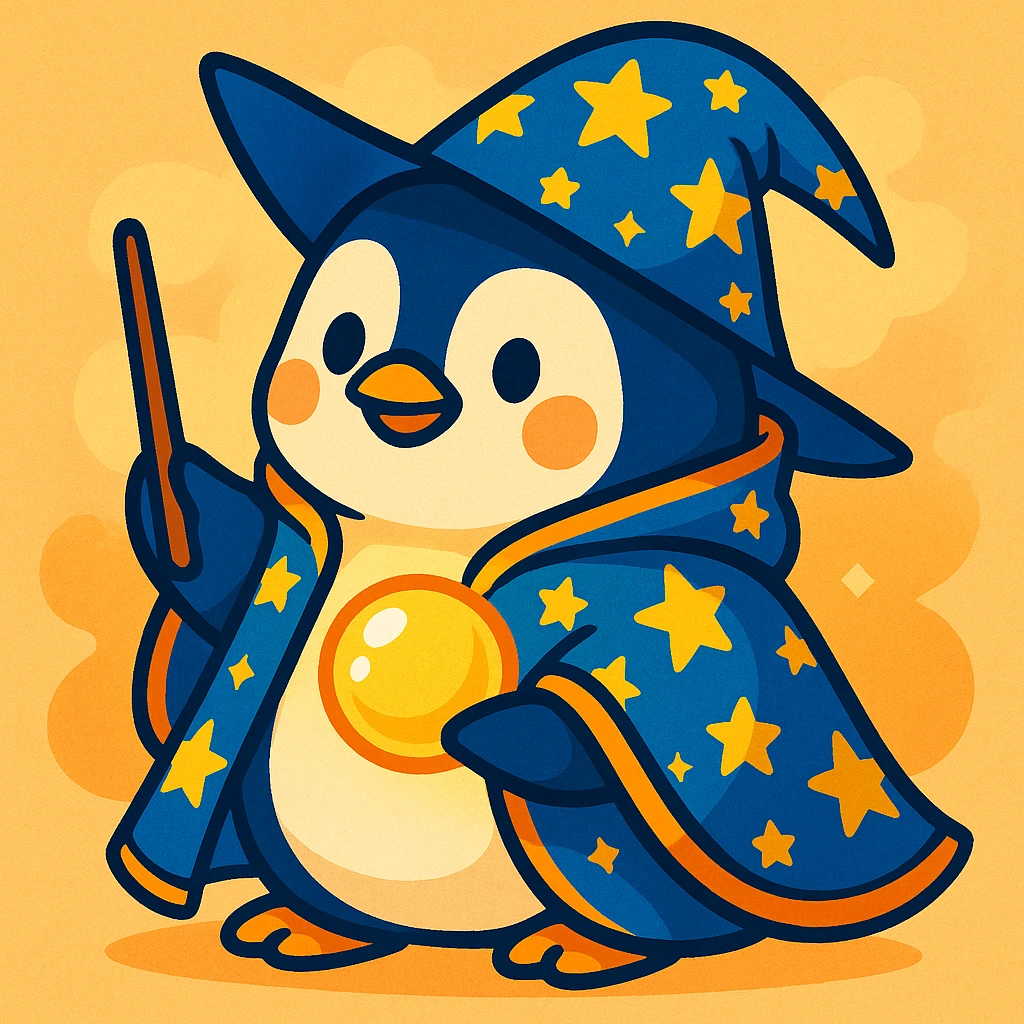 a chubby penguin wizard with a starry cloak and a glowing orb, in a soft, friendly illustration style, vibrant toon emoji