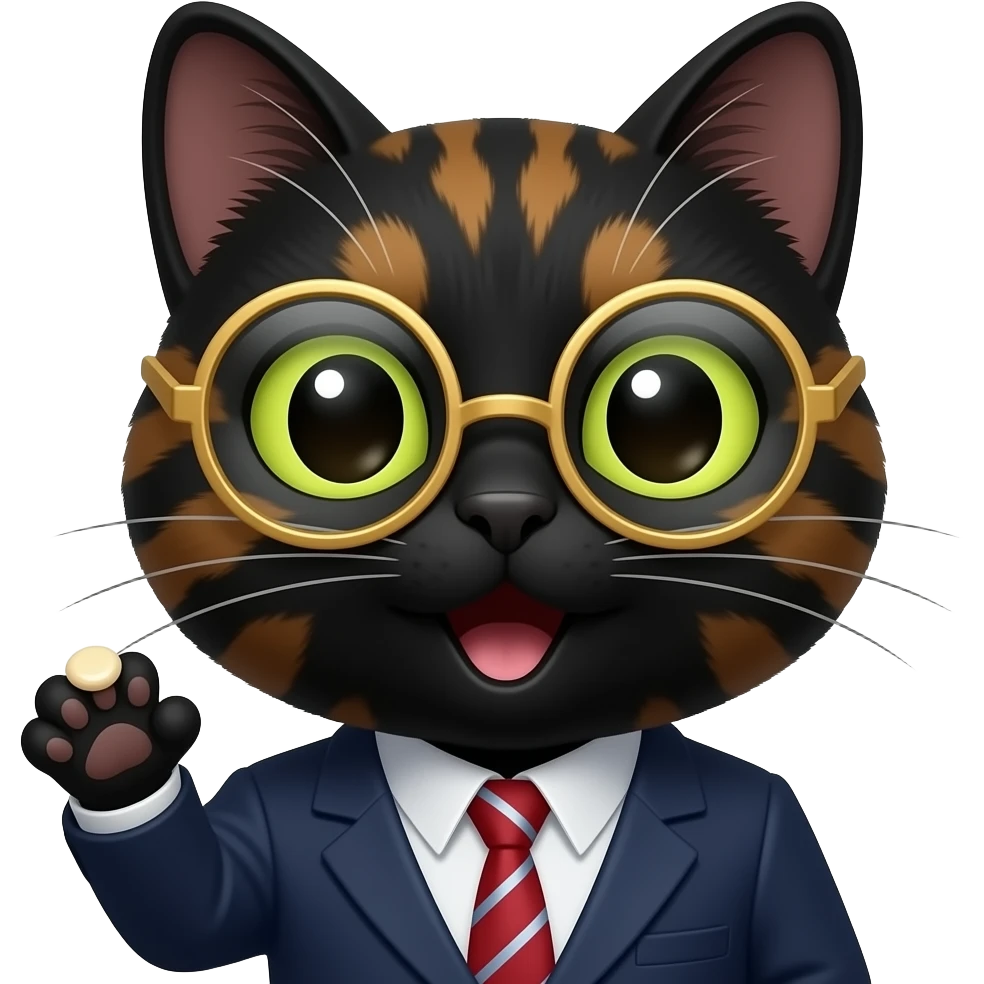 A mostly black Tortoiseshell cat face emoji looking like an eager professor, mouth speaking with round gold glassed and on paw up, with balm up . Only face and cat paw. emoji