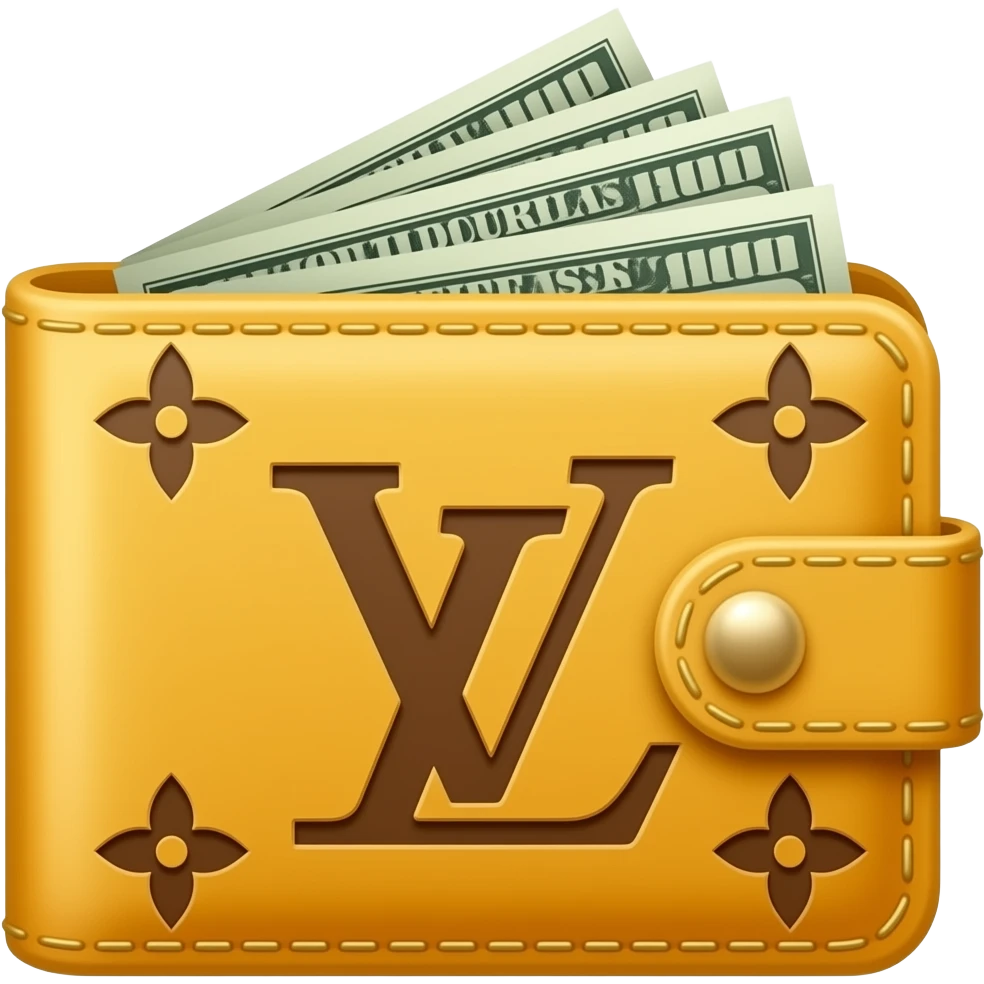 A yellow Louis Vuitton wallet contains a few bills, half of which are sticking out. emoji