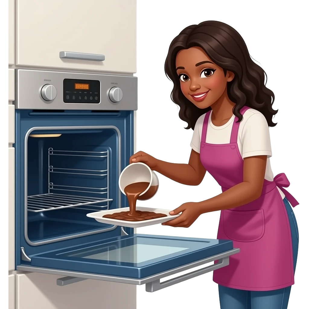a black woman putting brownie batter  into a open oven emoji