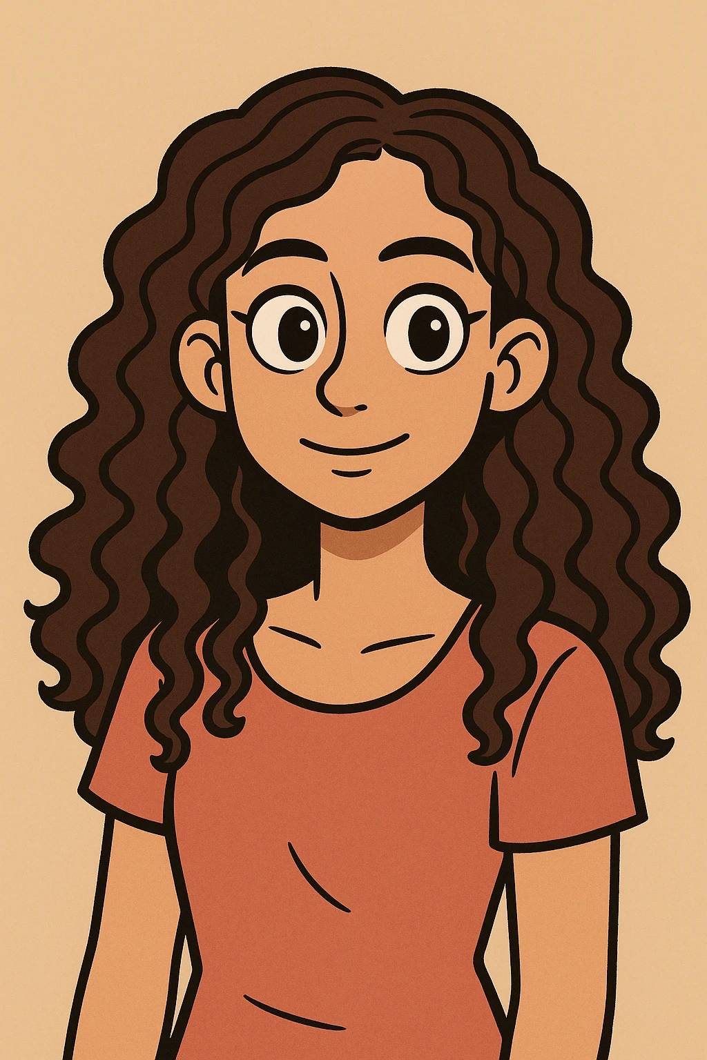 portrait of a girl with long curly brown hair type 3a and dark brown eyes, soft anime style emoji