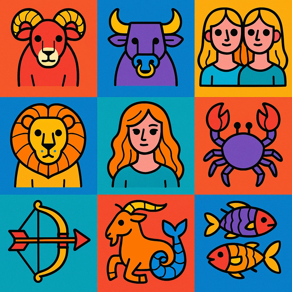 zodiac sign icons, vibrant cartoon style, bright colors, bold outlines emoji