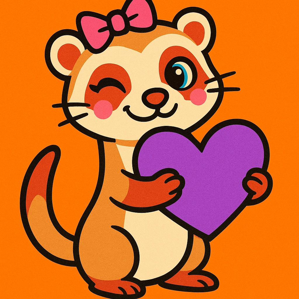 coquette ferret with a purple heart, vibrant toon style, winking, holding the heart emoji