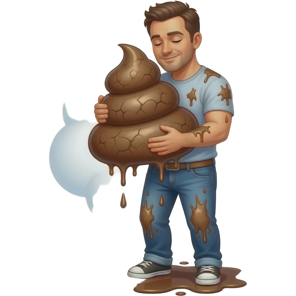 man hugging a poop and he has poop and a saticky while liquid on his pants and his body emoji