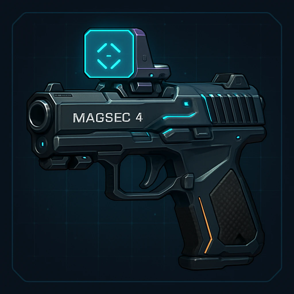 the image is the icon for a videogame  item. futuristic cyberpunk -ready to equip- it is master craftsmanship [ unequipped item ]
It is a magsec4 pistol with a mini-holo - neatly staged 3/4 profile view - orthographic horizontal perspective emoji