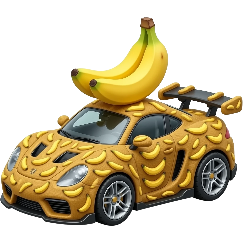 Мавп'яча машинка з тачок, вона спорткар, прикрашена бананами і хутром, ззаду звіст стирчить emoji