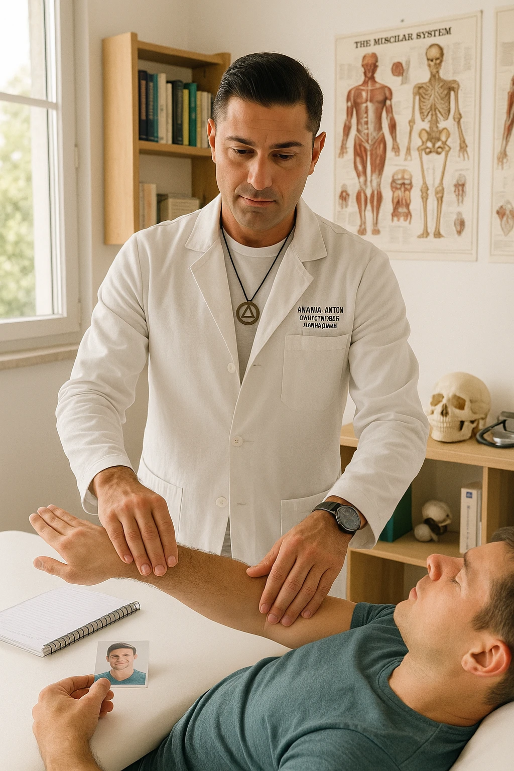 a middle-aged man, dressed in casual professional attire, is in a bright, organized therapy studio. Durante una visita di kinesiologia, il praticante tiene con una mano la foto di una persona lontana (il “testimone”) appoggiata su un tavolo, mentre con l’altra mano esegue un test muscolare su un cliente presente. Sullo sfondo si vedono libri di kinesiologia, poster anatomici e strumenti tipici della disciplina. L’atmosfera è concentrata e serena, con luce naturale che entra dalla finestra, sottolineando l’aspetto alternativo e umano della pratica. emoji