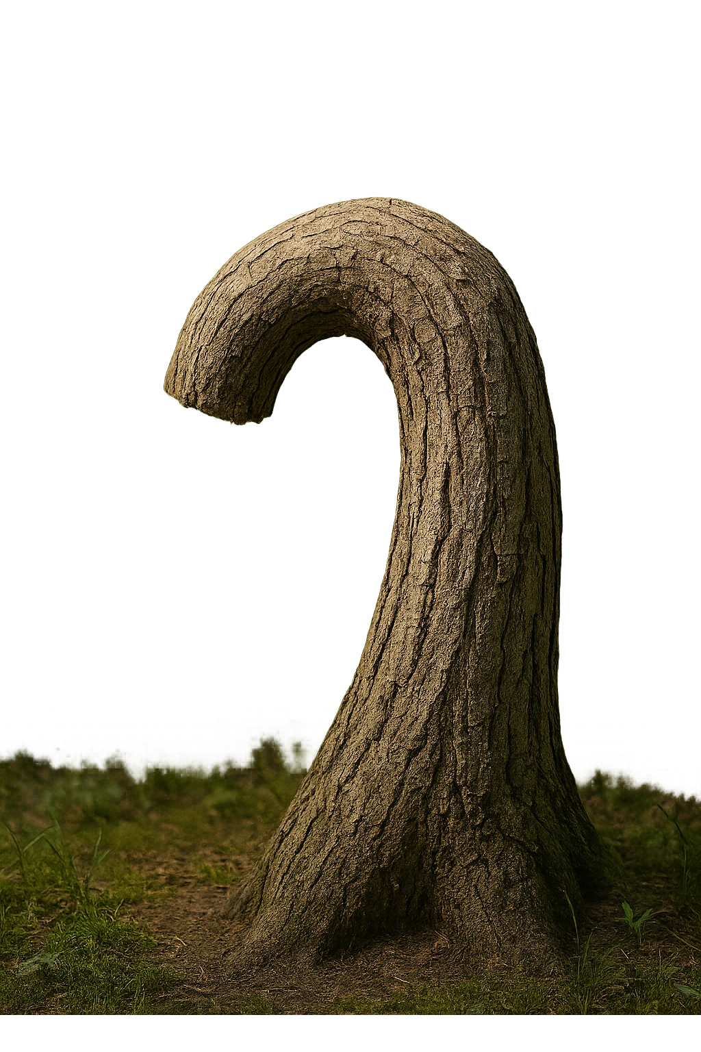 Realistic, vertical 4K illustration: a hyperrealistic tree trunk in a forest setting, noticeably bent, drooping, or wilted instead of standing upright. The bark is textured and detailed, with subtle cracks and faded colors suggesting loss of vitality. Soft, natural light filters through the surrounding trees, casting gentle shadows. The scene is quiet and contemplative, with the trunk’s unusual, slumped posture symbolizing a decline in male libido. The background is lush and detailed, but the focus remains on the central, softened trunk, evoking a sense of vulnerability and introspection. emoji