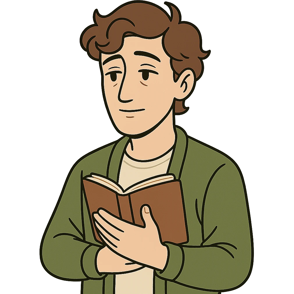 Calm and thoughtful male confidant, fair skin, soft wavy brown hair, gentle eyes, wearing a green cardigan over a light shirt, holding an open journal close to chest, waist-up, front-facing, pure background emoji