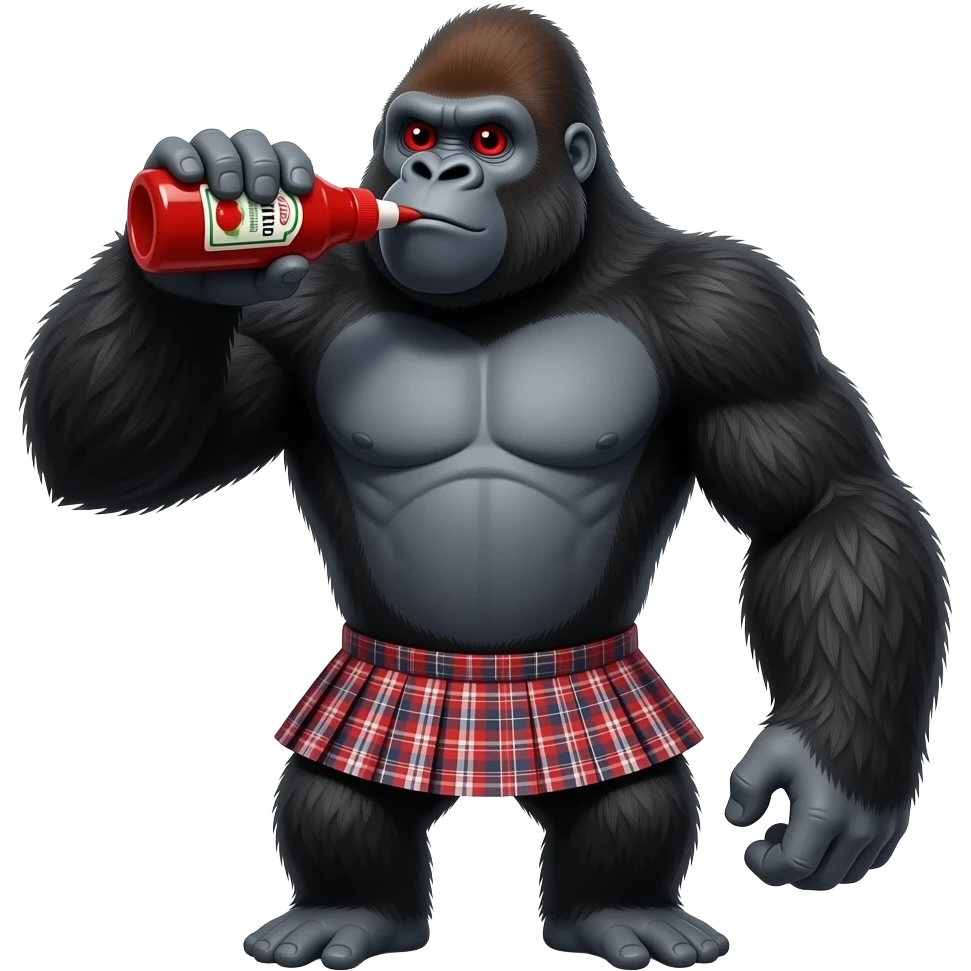 Faza um gorila com olhos vermelho bbendo ketchup e com saias e mão muito grandes e com 10metros emoji
