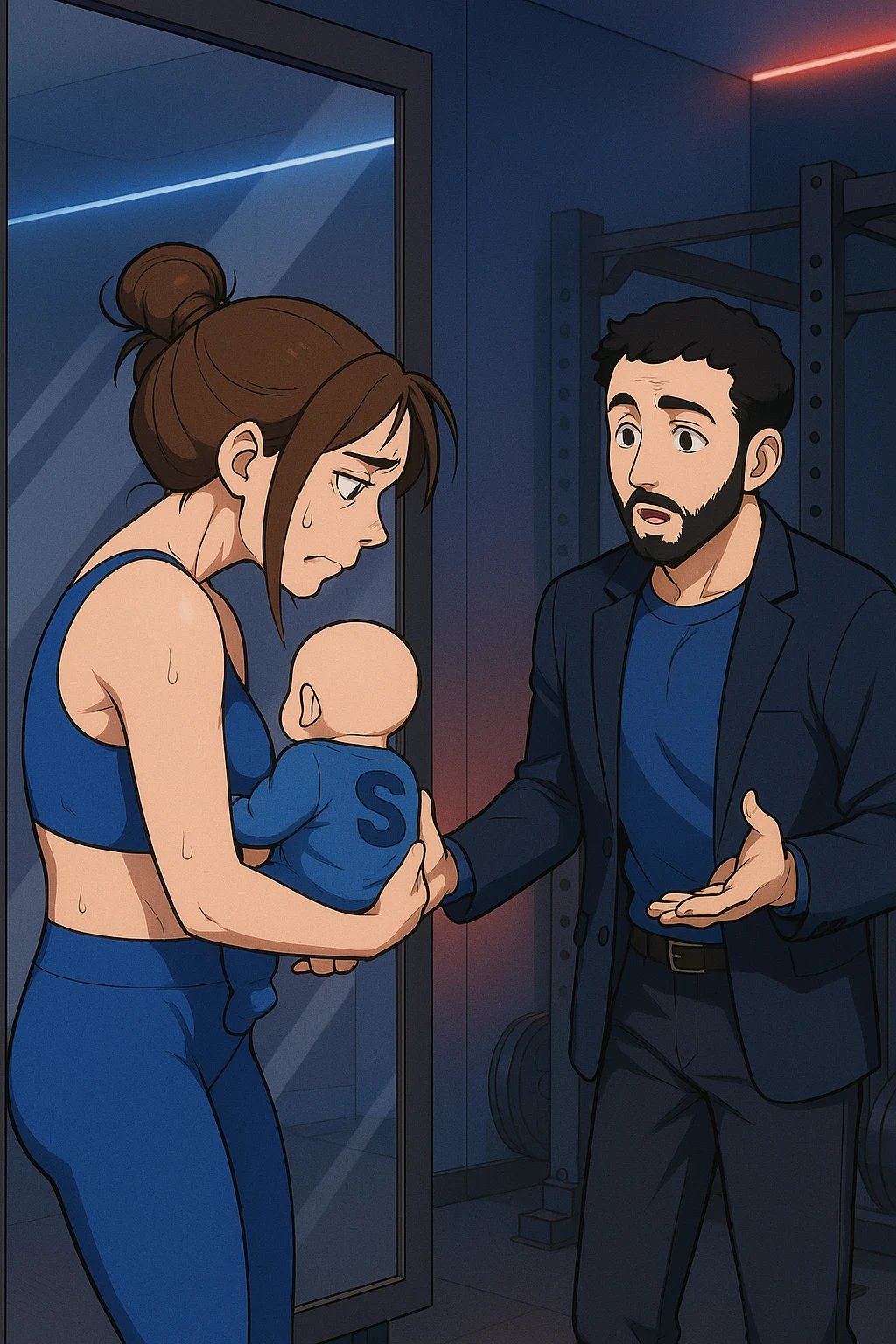 ispirati a questo stile di disegno e fai questa immagine in versione manga/webtoon a colori, il manga mostra la donna che si guarda alla specchio preoccupata di profilo con la postura sbagliata e incurvata, spalle chiuse e curve in avanti, con un neonato in braccio con una tutina azzurra e la scritta "S" blu sulla schiena, spina dorsale storta della donna in evidenza mentre al suo fianco anche l'uomo guarda la donna riflessa nello specchio e le spiega una cosa, ma non fare i fumetti, fai come se stessero parlando emoji