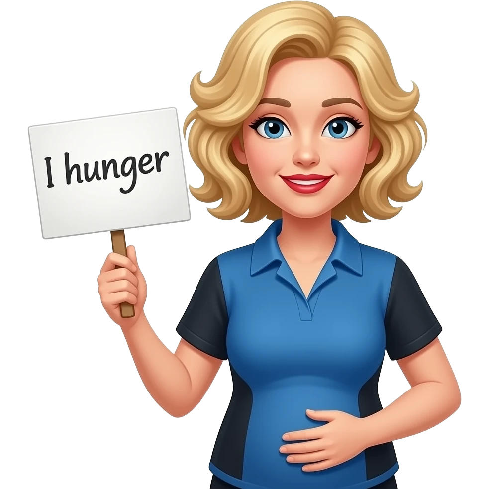 short blonde curly hair side swept bob with shy smile, red lipstick with a sign saying I hunger, my tummy is rumbling in a blue and black short sleeve blouse emoji