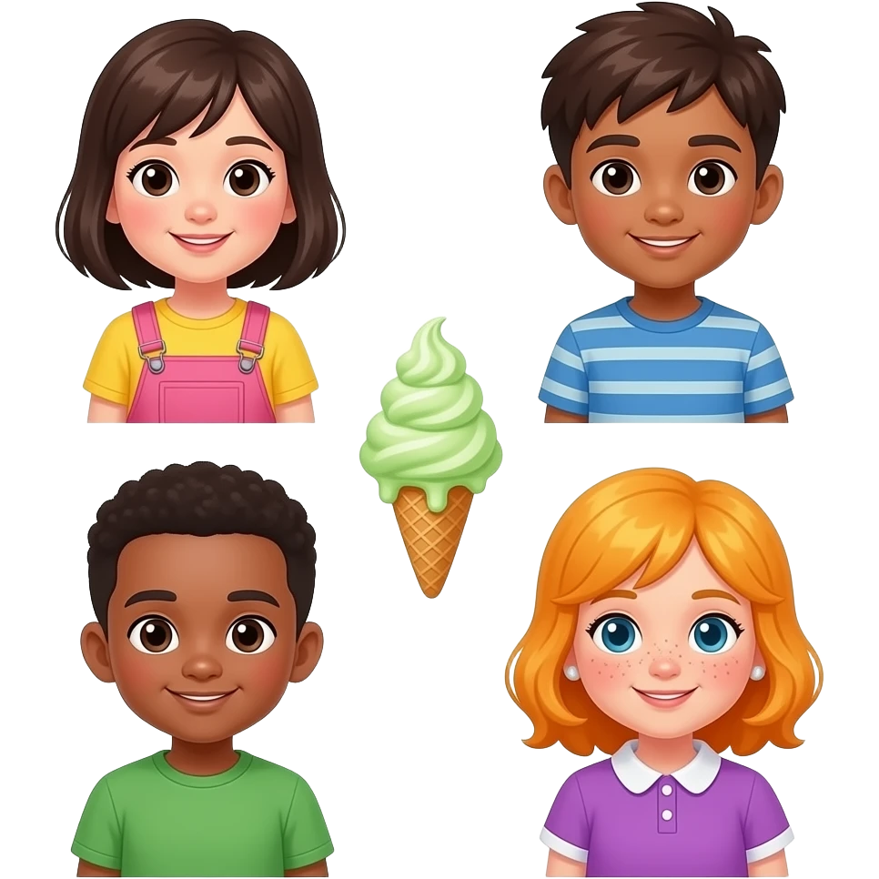 do you like broccoli ice cream One Girl Is Asian Hair And yellow shirt pink overalls One Asian Boy And brown hair Likes blue lines shirt  one african boy with a green shirt one girl with freckles yellow orange hair and purple dress collar emoji