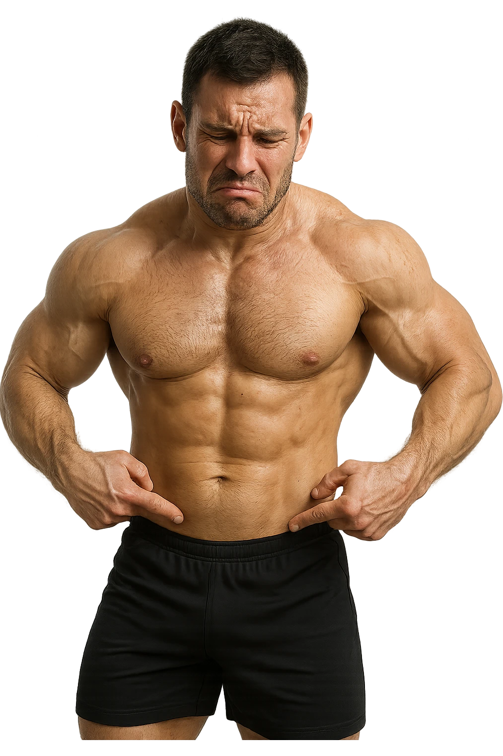 BODYBUILDER CHE SI INDICA I FIANCHI CON ESPRESSIONE AFFLITTA, ISOLATO SU SFONDO BIANCO, IPERREALISTICI 4K emoji