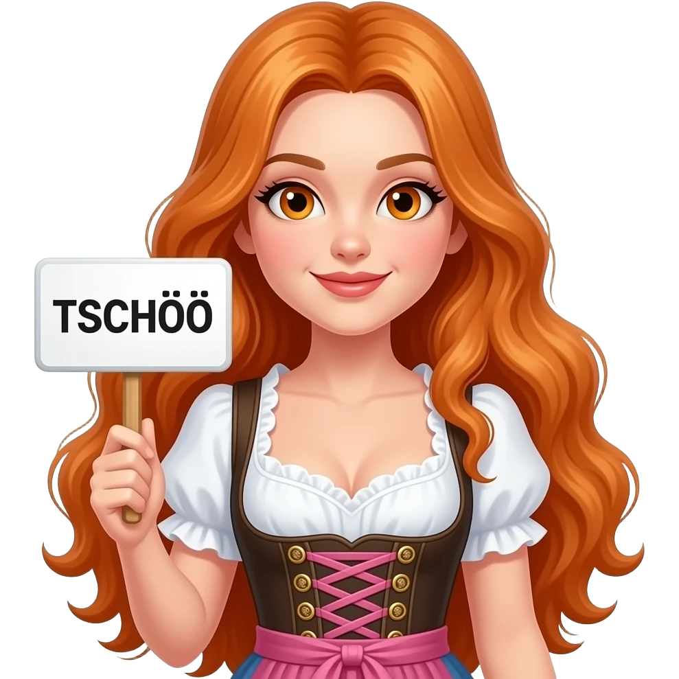 sexy girl with overlong ginger hair and ginger eyes wearing a dirndl holding TSCHÖÖ sign emoji