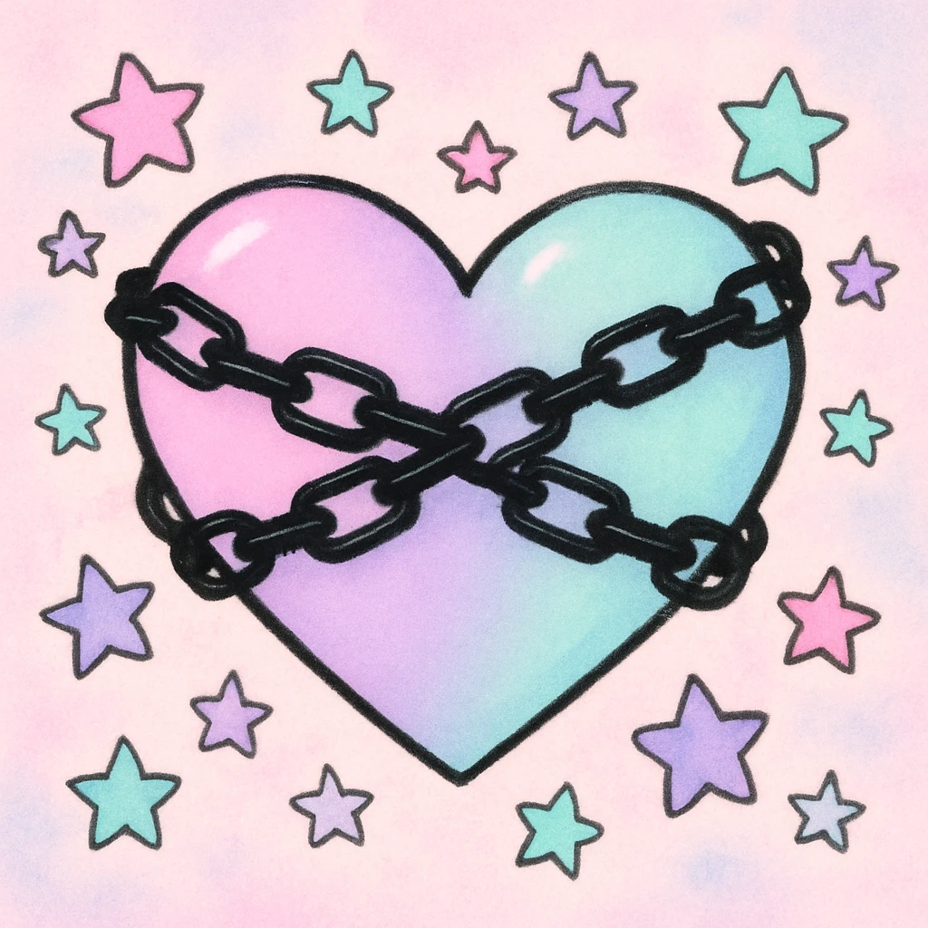 pastel goth heart with pastel stars and black chains emoji