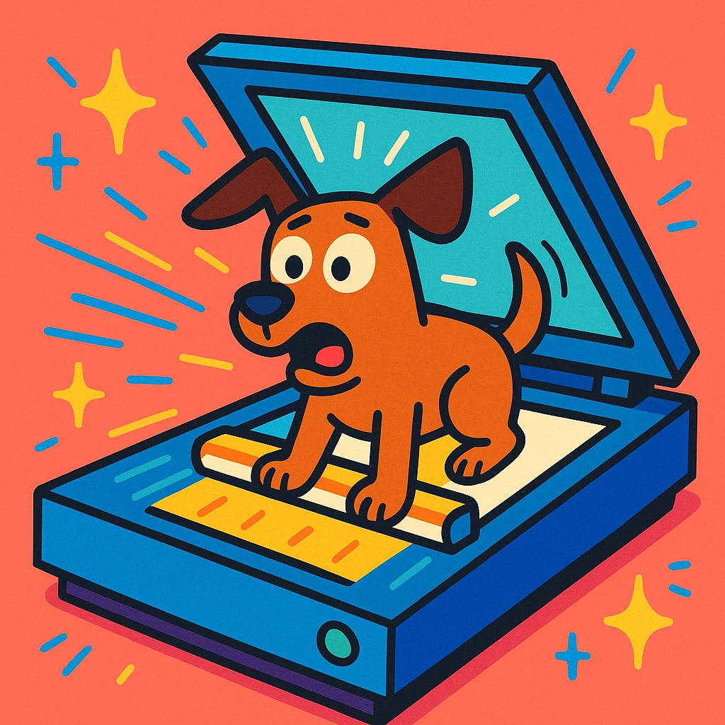 scanner in action with light bar moving under the dog, animated lines and sparkles, dog looking surprised, playful and colorful style emoji