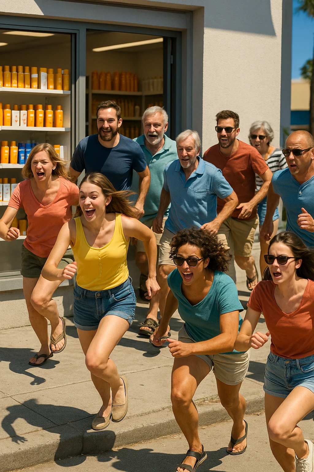 tante persone che corrono a comprare le creme solari in italiano realistiche emoji