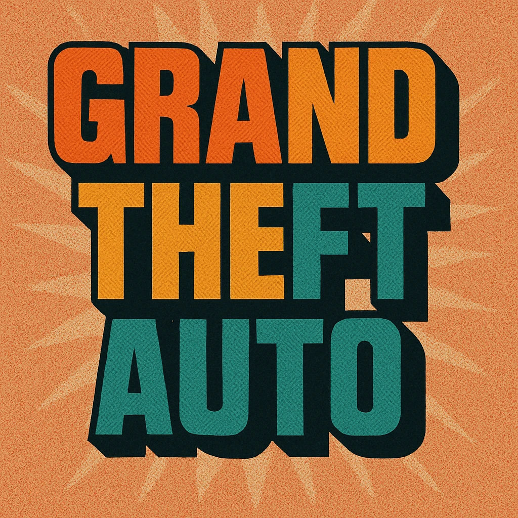 the words 'Grand Theft Auto' in a modern, urban style, inspired by the Grand Theft Auto logo, with a strong black outline and a subtle drop shadow emoji