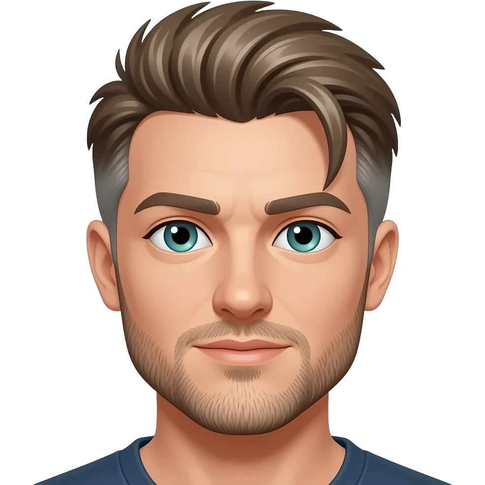 Mullet with side flares, hazel blue green eyes, some grays with mostly hazel hair, 5 o’clock shade beard emoji