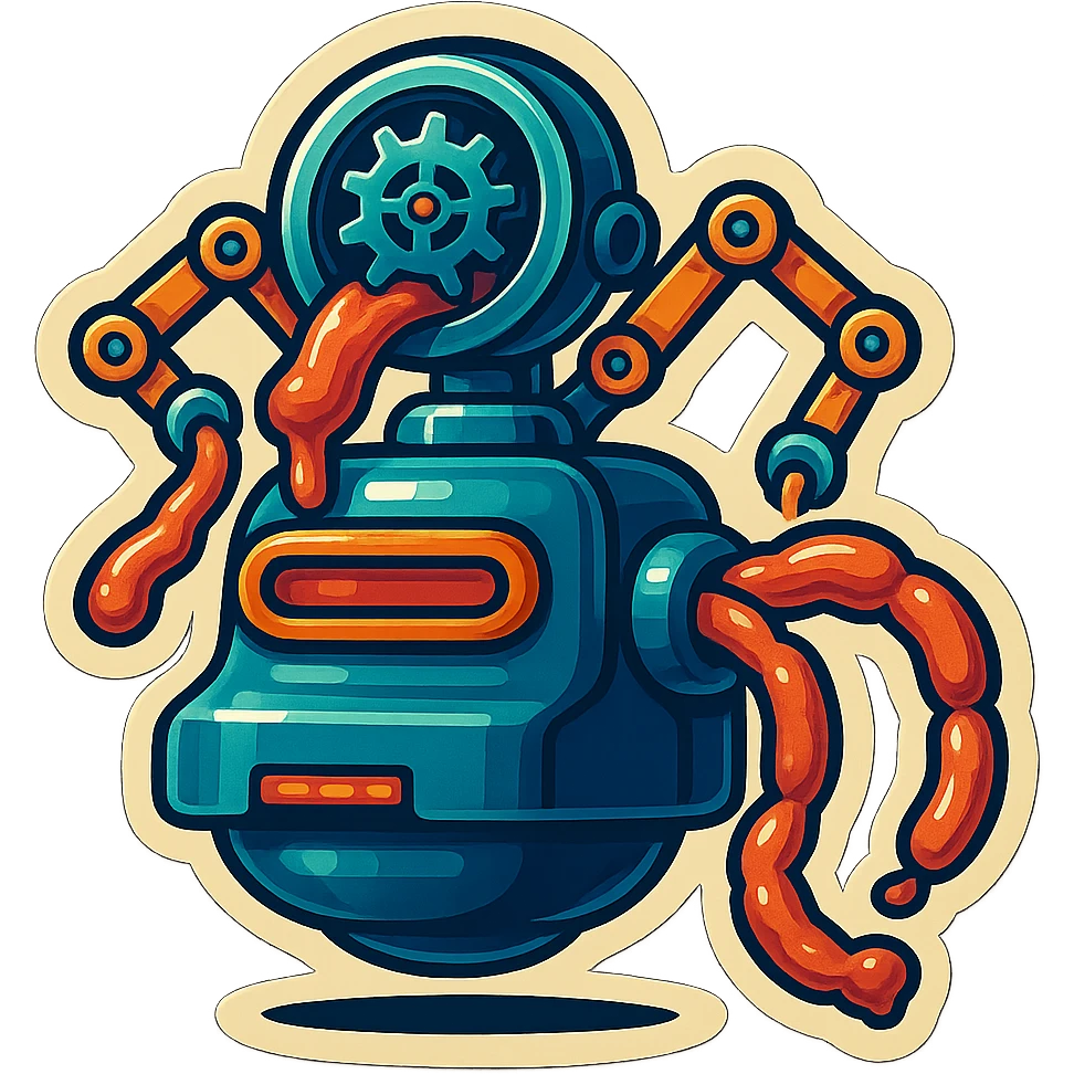 sausage-processing droid. retro-futuristic style. top is a large circular industrial grinder rotating gears and blades. Two robotic arms feed material into grinder. Sausage links extrude from the rear like  factory. The body is metallic, compact, and floats above the ground.no legs. Dark humor emoji