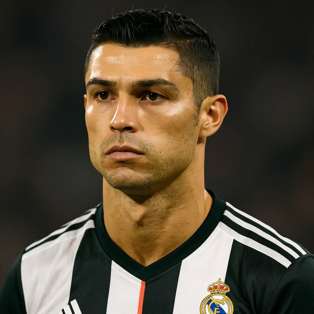 Realistic portrait style of Cristiano Ronaldo wearing a Real Madrid jersey, detailed and lifelike professional photography style. emoji