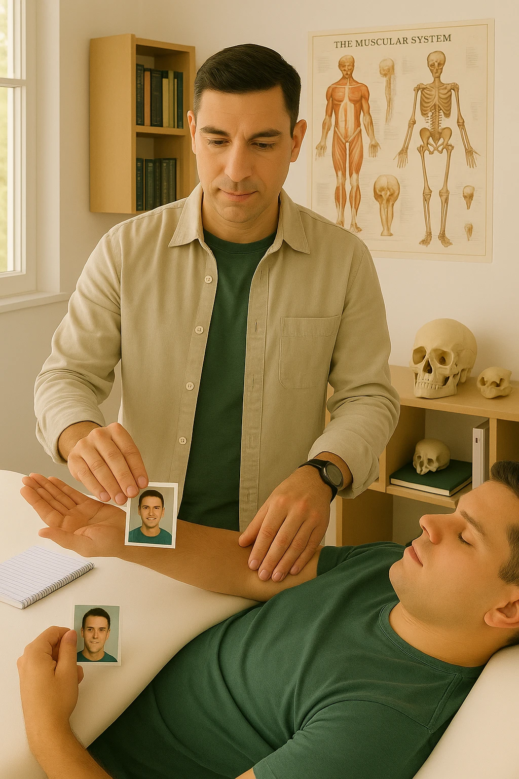 a middle-aged man, dressed in casual professional attire, is in a bright, organized therapy studio. Durante una visita di kinesiologia, il ragazzo tiene con una mano la foto di una persona lontana (il “testimone”) tiene la foto in mano, mentre con l’altra mano esegue un test muscolare su un cliente presente senza foto lui non tiene la foto. Sullo sfondo si vedono libri di kinesiologia, poster anatomici e strumenti tipici della disciplina. L’atmosfera è concentrata e serena, con luce naturale che entra dalla finestra, sottolineando l’aspetto alternativo e umano della pratica. emoji