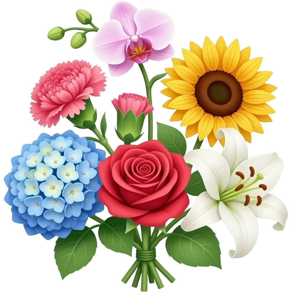 a bunch offlowers with a orchid, a carnation, a hydrangea, a rose, a sunflower and a lily emoji