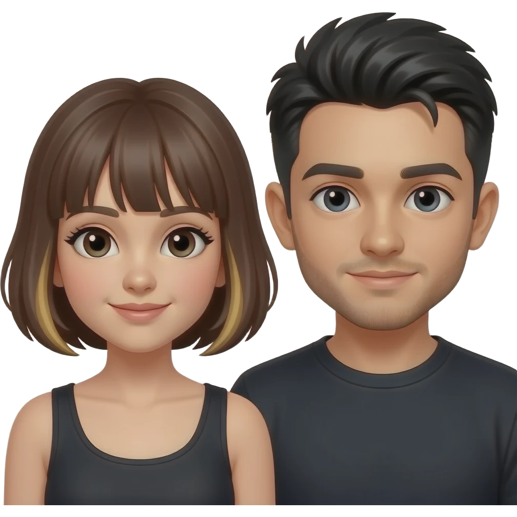 Chica con pelo corto marron con mechas rubia y al lado chico con pelo negro corto y baba corta con bigote corte los dos con ojos oscuros emoji