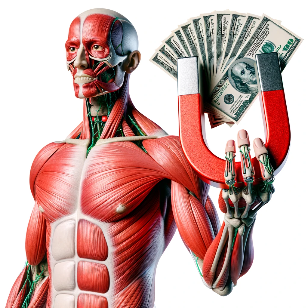 corpo umano anatomico con calamita rossa in mano che attira banconote, iperrealistica 4k, isolato su sfondo bianco emoji