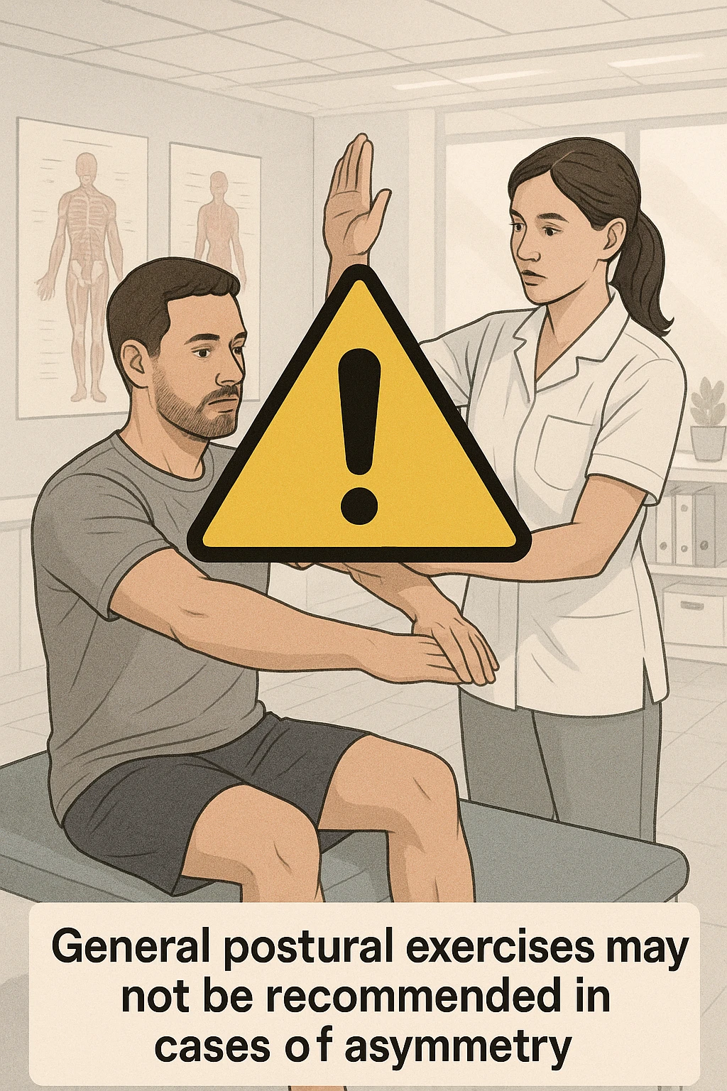 vertical editorial-style medical illustration of physiotherapist guiding man through postural exercise, large yellow warning triangle with exclamation mark superimposed over scene, caption reading 'General postural exercises may not be recommended in cases of asymmetry', clean modern clinic background with anatomical charts, bright lighting, professional educational atmosphere emoji