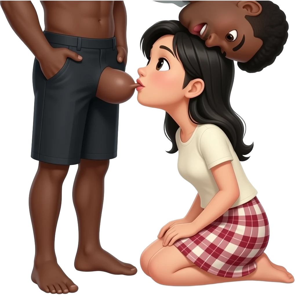 Asian girl kneeling before a black guy showing his penis and sucking on his black emoji
