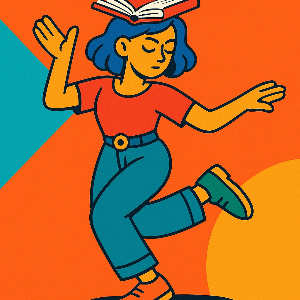 a person balancing a book while dancing, mid-step, focused on reading, colorful and whimsical emoji