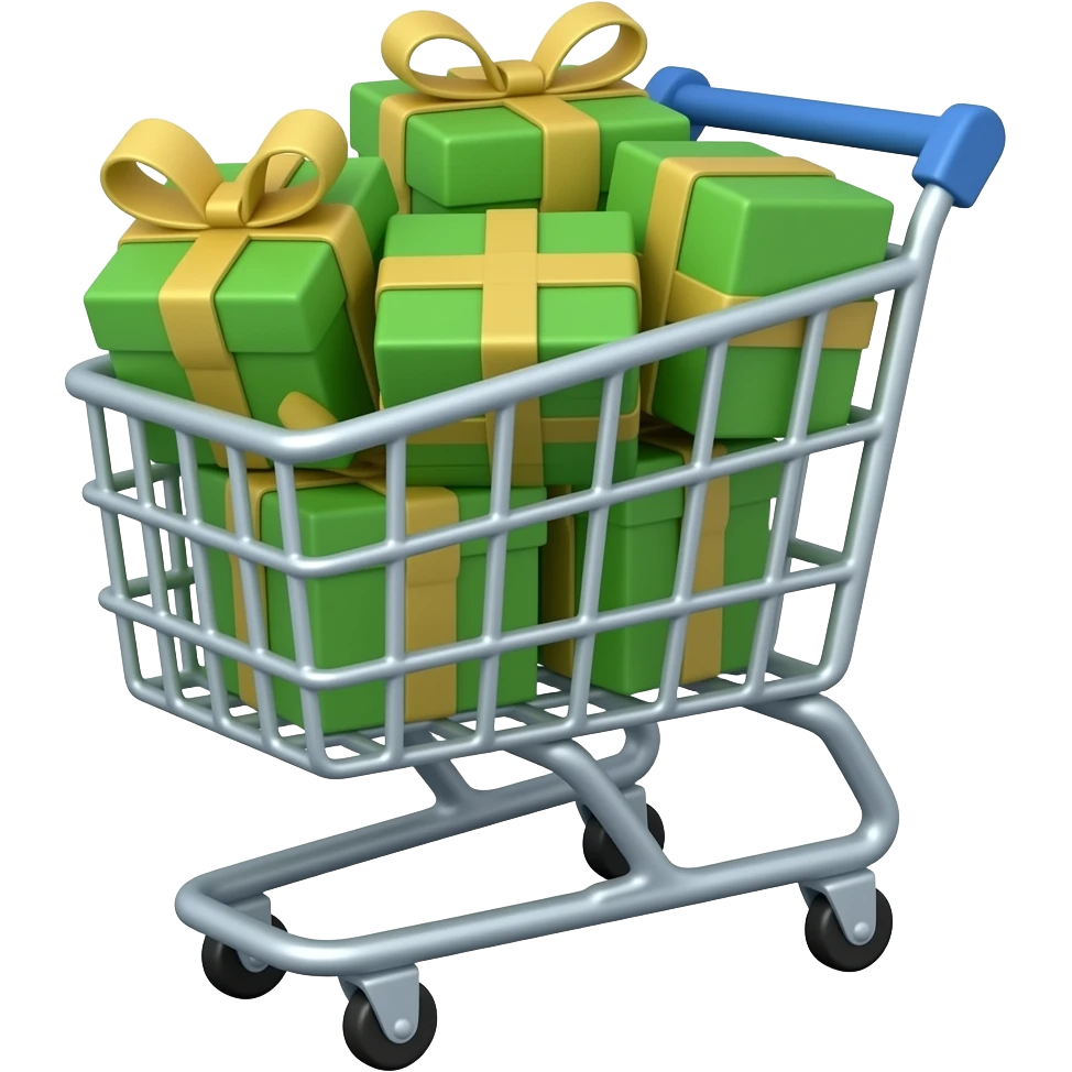 a shopping trolley full of gifts wrapped in green paper emoji
