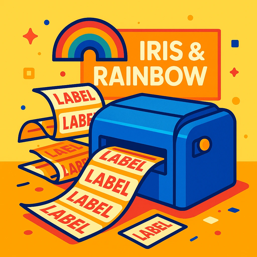 A printer printing a lot of labels, with a background logo that says 'Iris & Rainbow', vibrant and clear composition, colorful, modern, playful, bright, clean, professional look emoji