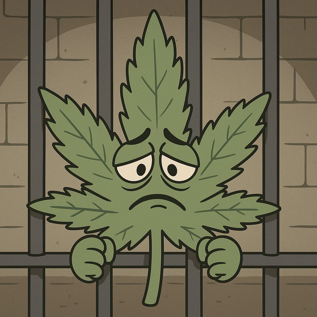 cartoon cannabis leaf in a prison cell, hands gripping bars, sad expression, simple illustration, somber mood emoji
