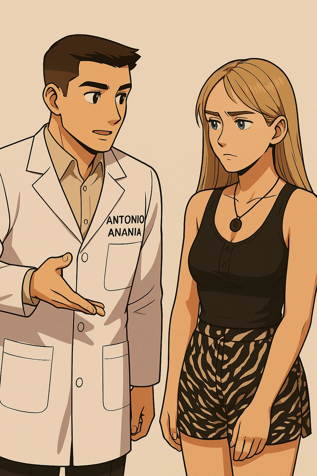 fai un webtoon/manga a colori con questo kinesiologo in camice bianco (fagli la scritta "ANTONIO ANANIA" SUL CAMICE) CHE PARLA CON QUESTA RAGAZZA CON GLI OCCHI AZZURRI. la ragazza gli fa una domanda preoccupata e IL KINESIOLOGO CON IL CAMICE BIANCO LE risponde. NON FARE I FUMETTI, FAI SOLO LORO COME SE DIALOGASSERO emoji