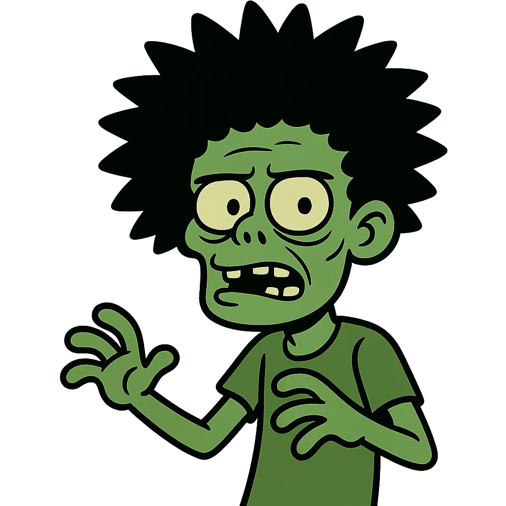 green zombie with black spiky afro hair, cartoon style emoji