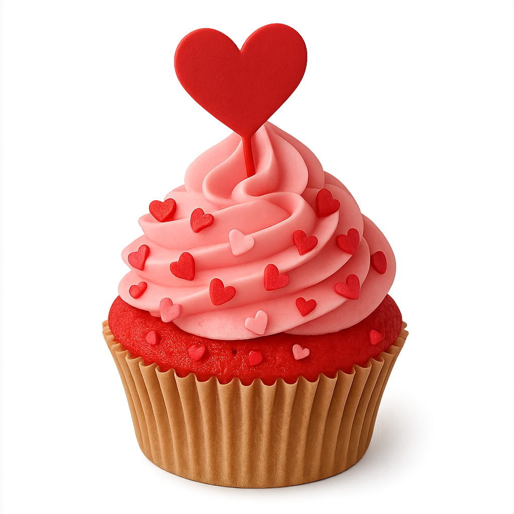 love-themed cupcake with heart topper, no background emoji
