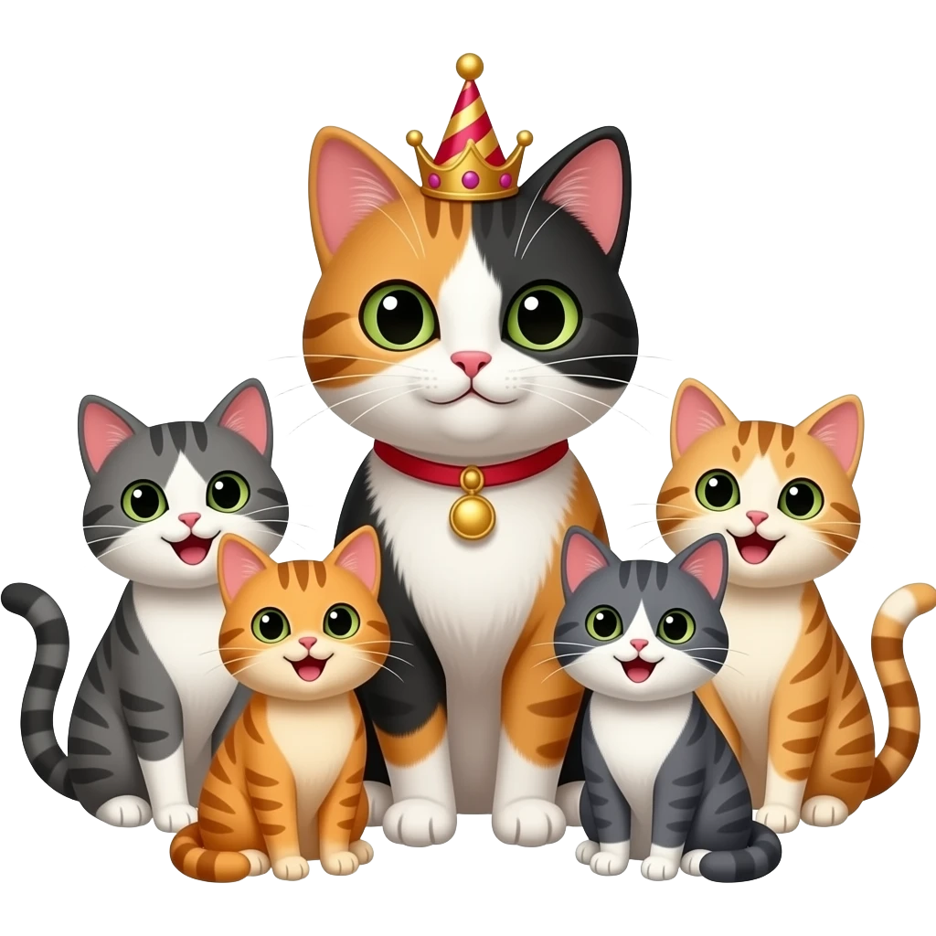 a birthday queen cat surrounded by four happy cats emoji