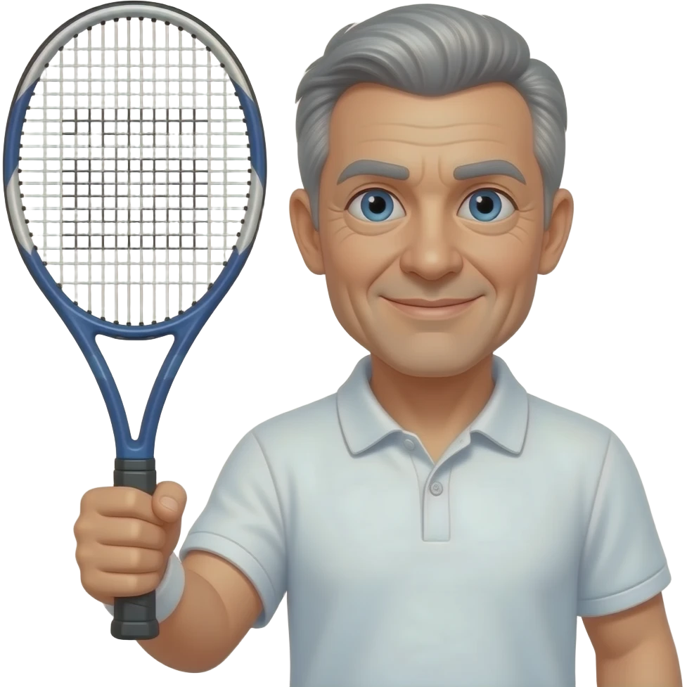 man, 60s aged, short grey hair, blue eyes, tennis racket in right hand emoji
