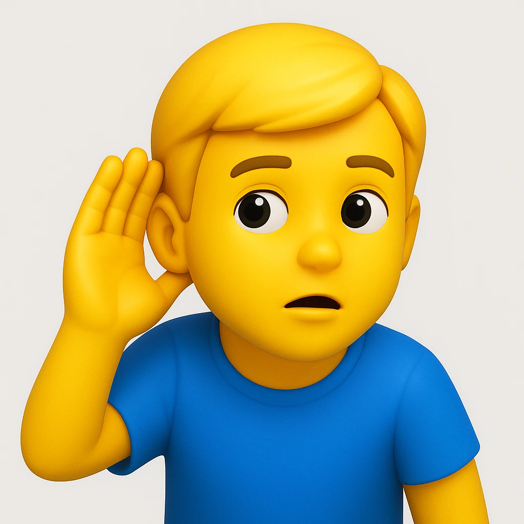 A 3D emoji in iOS emoji aesthetic style of a person wearing a blue t-shirt, holding one hand to their ear while leaning slightly forward as if trying to listen carefully, curious and attentive expression, glossy Apple

 emoji