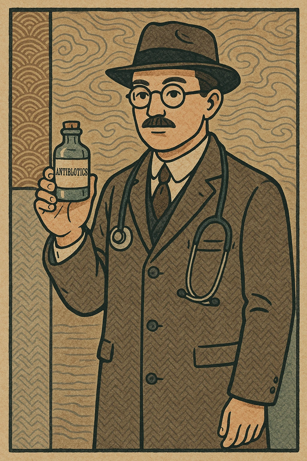 A 1920s doctor standing with a bottle of antibiotics emoji