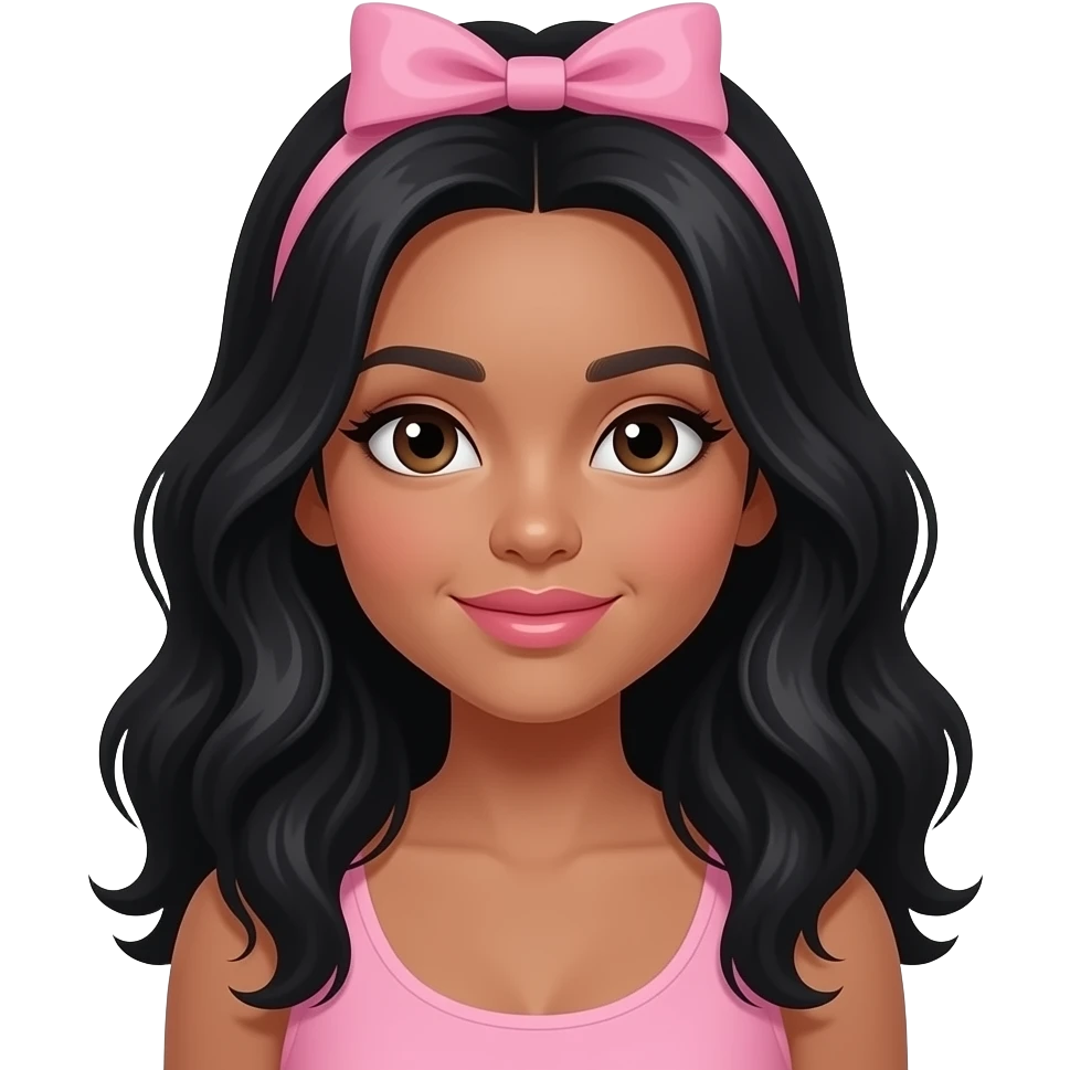 Pretty girl with really light brown skin with black wavy hair,her lips are nude pink and her eyes and dark brown her hair should be chest length and she should have a pink bow on her head emoji