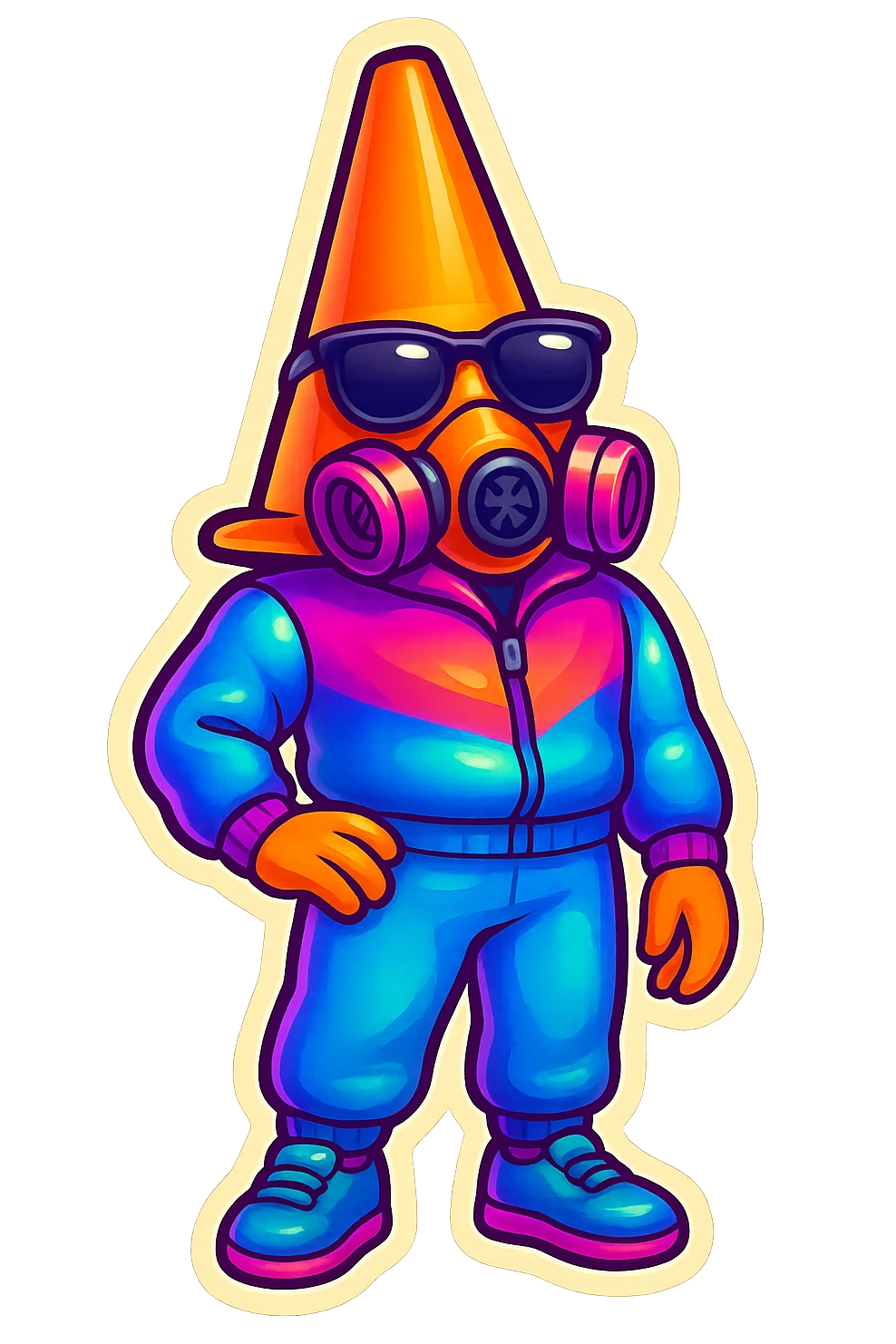 Create emoji-style variations of a character with a pylon cone head, sunglasses, and gas mask. Try different outfits, accessories, and poses. Transparent background. emoji