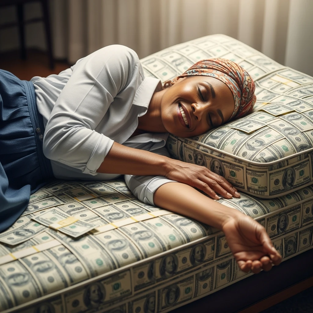 happy person napping on mattress of money emoji