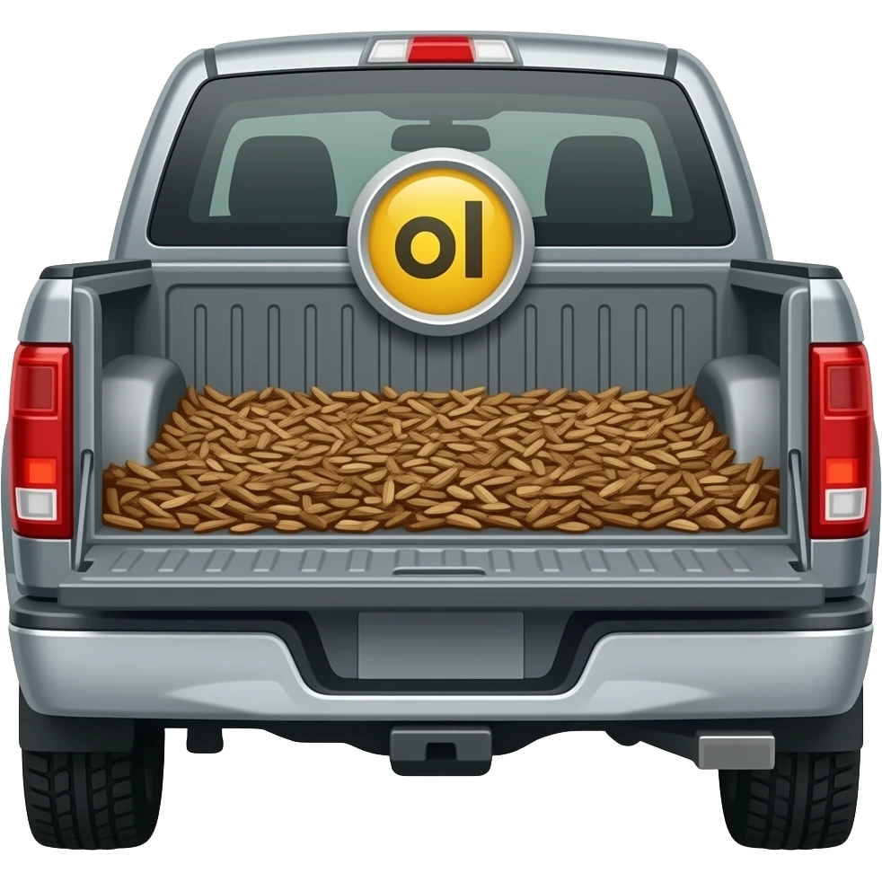 Put this emoji between to cars Gray F150 with full of bark chips in the back upside down in between two other cars emoji