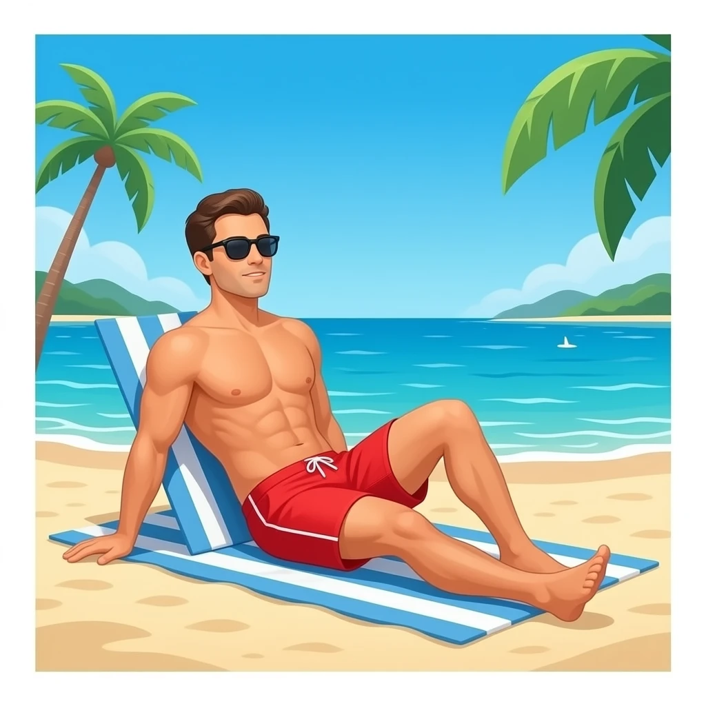 Erstelle ein Bild von einem Strand, mit im Bild ist ein Mann zusehen der sich sonnt, er trägt nur rote speedo und Oberkörper frei und trägt eine Sonnenbrille emoji