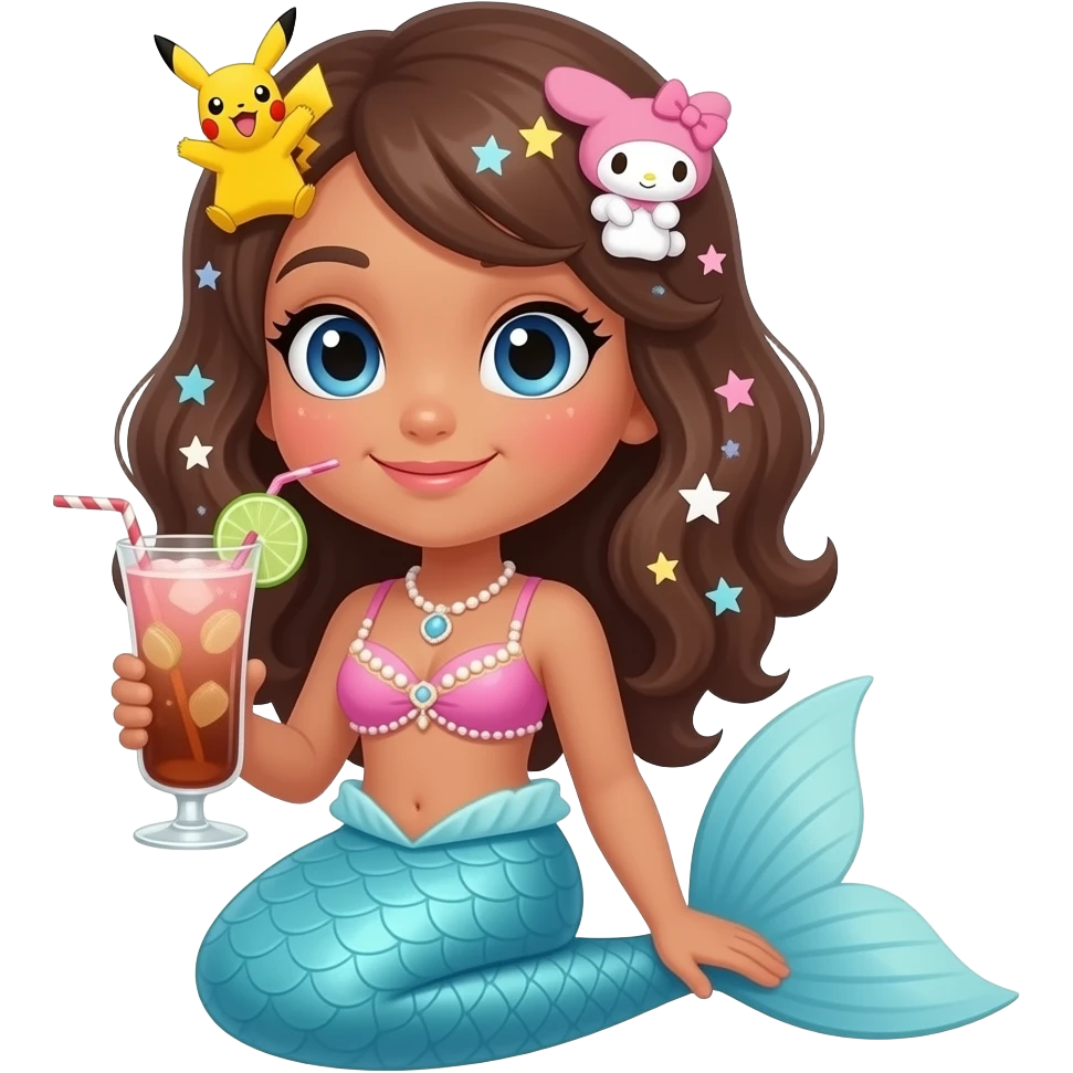 Tanned human girl Pokémon the Sanrio character themed brown and pink colored cocktail in gyaru merely mermaid emoji